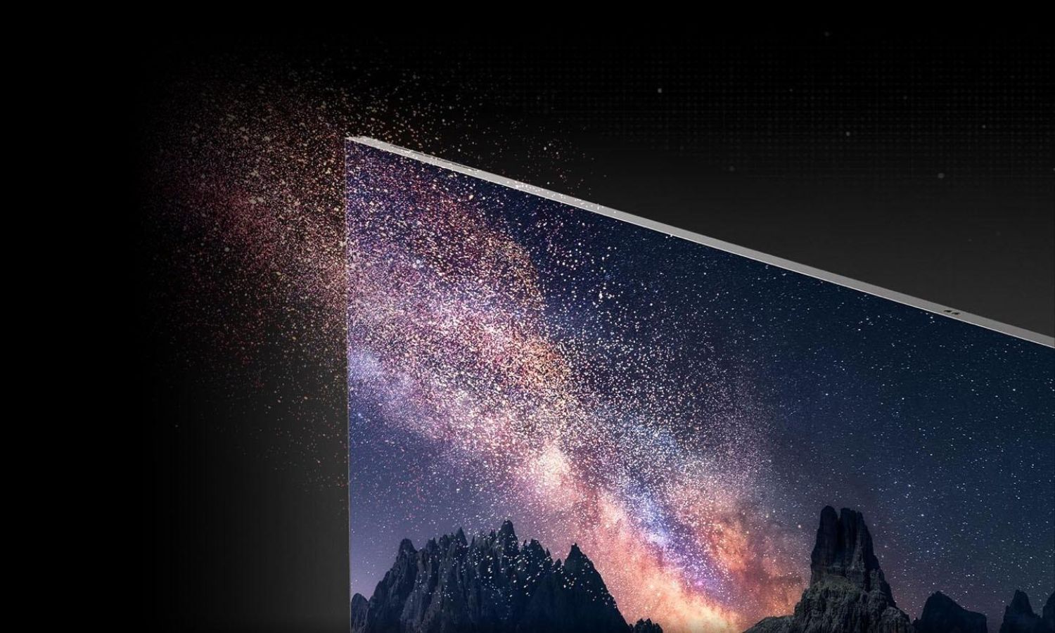 MicroLED television displaying vivid, high-resolution abstract visuals with deep contrast and vibrant colors, emphasizing cutting-edge screen clarity and immersive design.