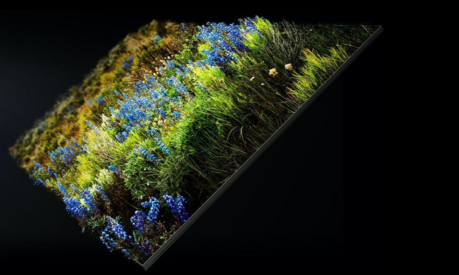 MicroLED display highlighting ultra-precise color rendering with a dynamic burst of vibrant, saturated hues in an abstract pattern.