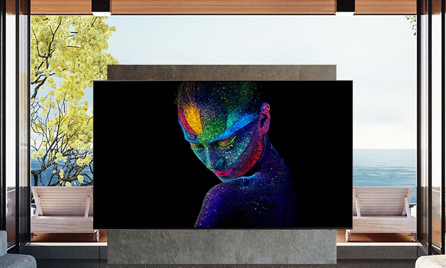 Samsung soundbar system with Dolby Atmos technology, illustrating immersive 3D surround sound with upward- and side-firing speakers in a modern living room setup.