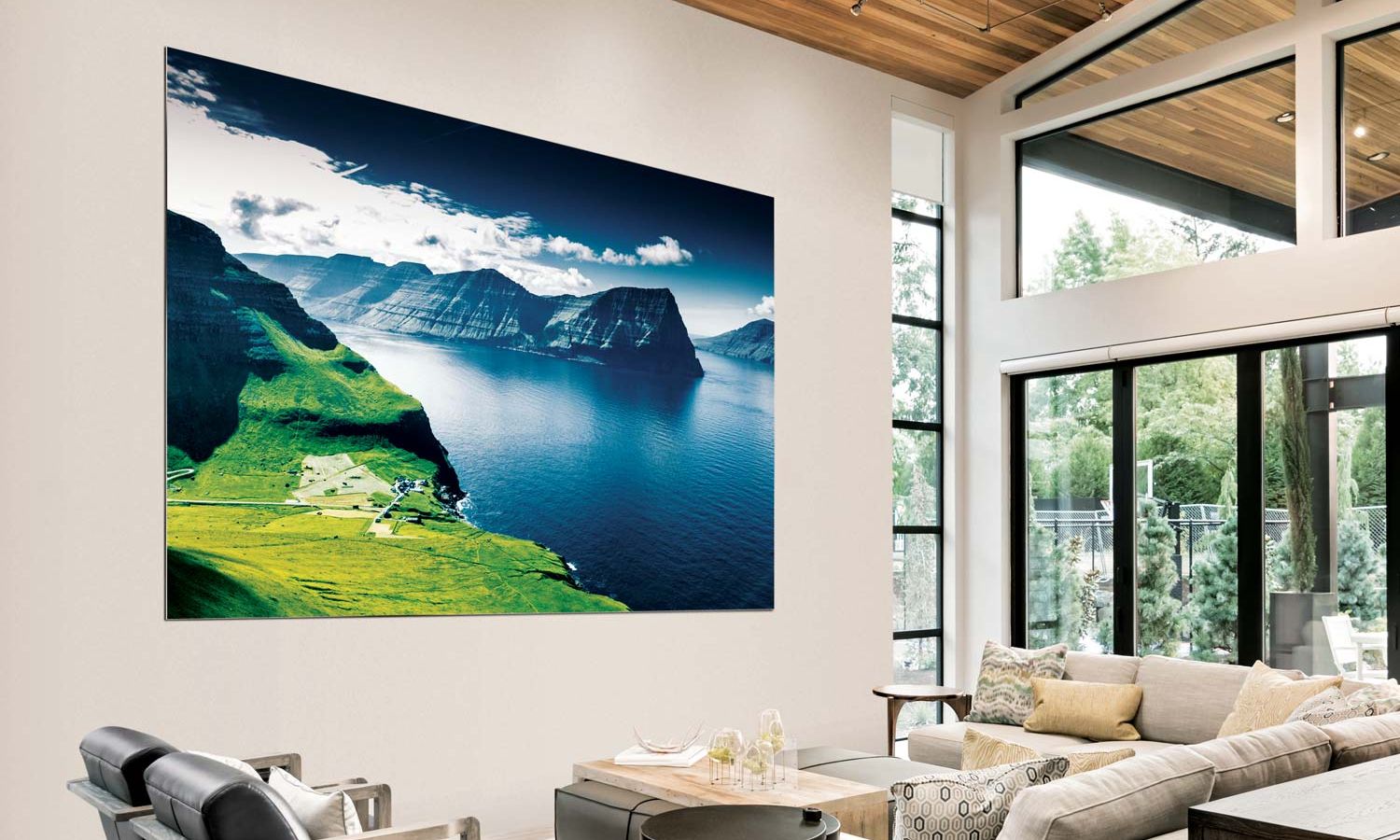 Side profile of an ultra-slim Samsung TV mounted on a wall, showcasing minimalist design and seamless integration into a contemporary living space.
