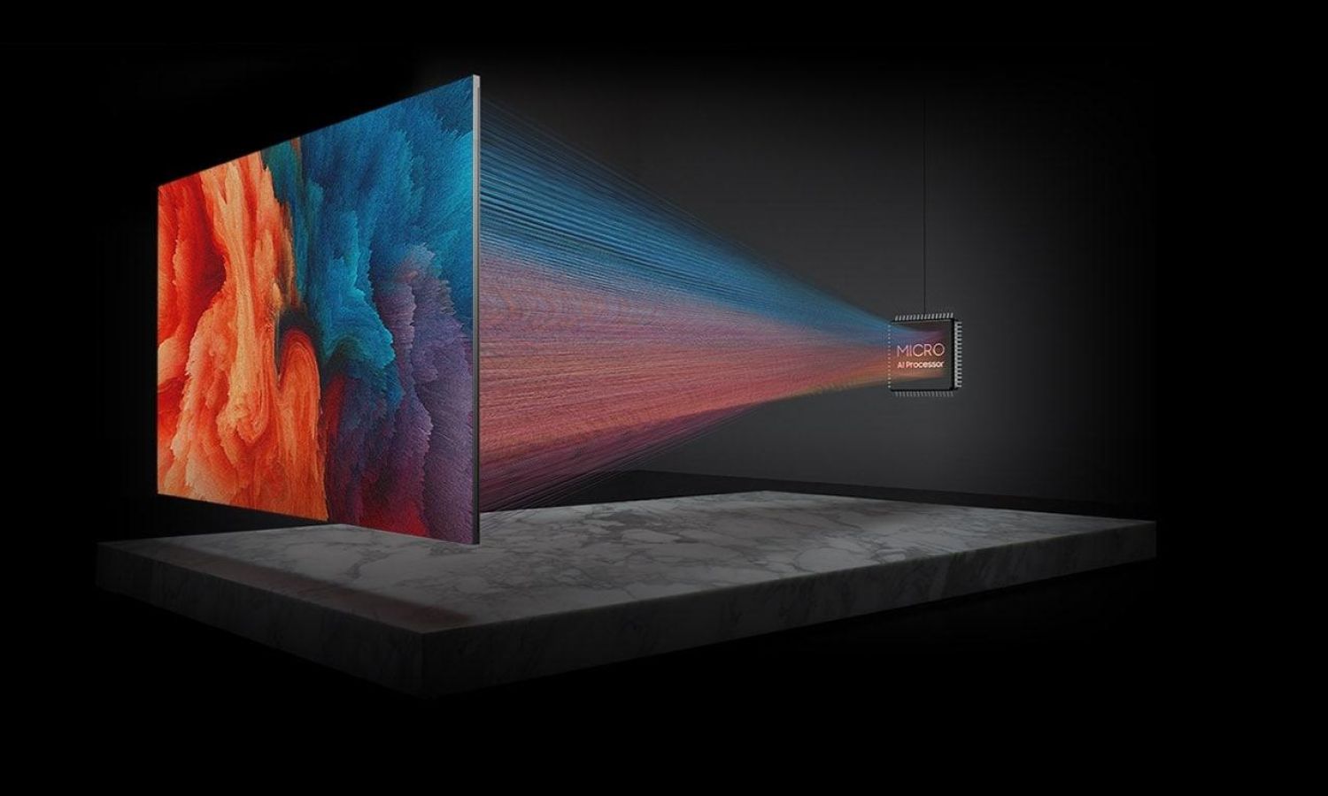 Illustration of MicroLED display powered by an AI processor, visualized with digital circuitry and vibrant graphics symbolizing intelligent image optimization.